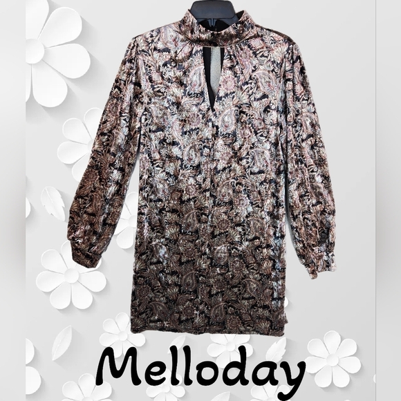 Melloday Velvet Women Mini Dress Sz S Cut Out High Neck Long Sleeves Mute Color - Picture 1 of 12